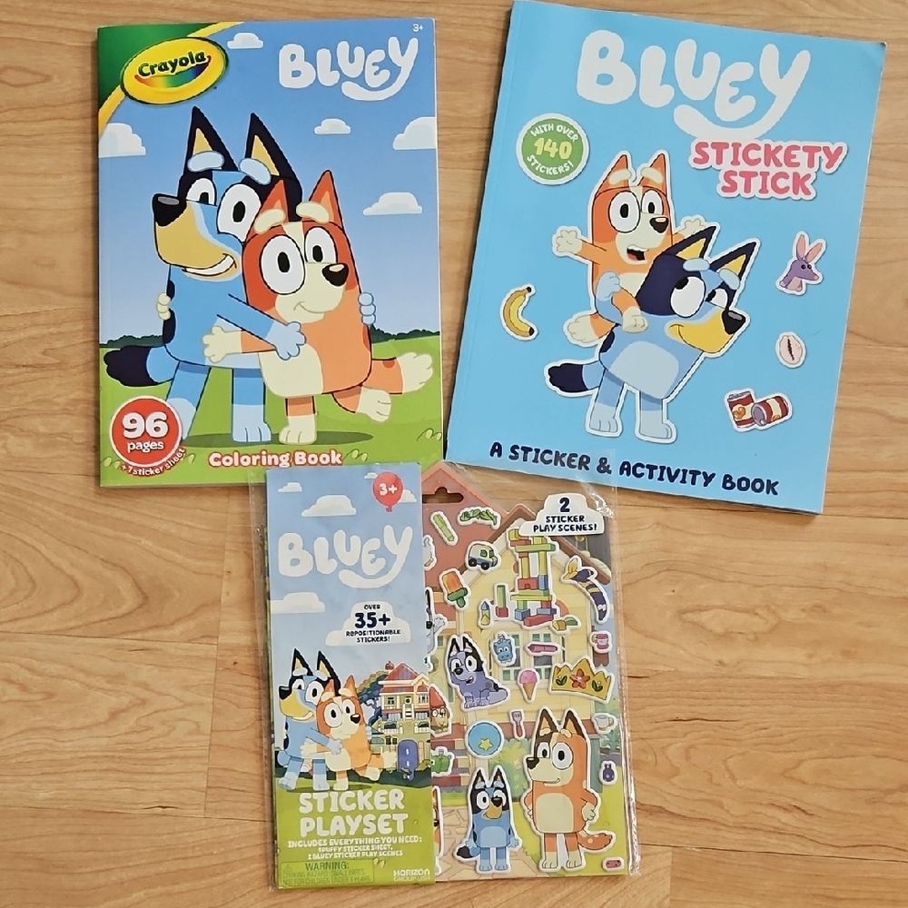 New Bluey Lot Of 3 Coloring, Activity, Sticker and Playsets. Hours Of Fun!